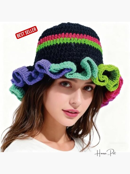 Crochet Ruffle Bucket Hat Acrylic Handmade Winter Beanie Cap main image 7